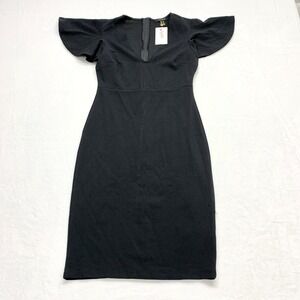 Revamped Black Flutter Sleeve V-Neck Sheath Dress Womens Size M JS30-926 Stretch